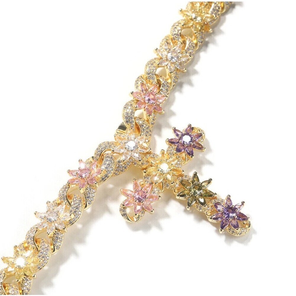 Colorful Flower necklace 18inch gold - Picture 4 of 5